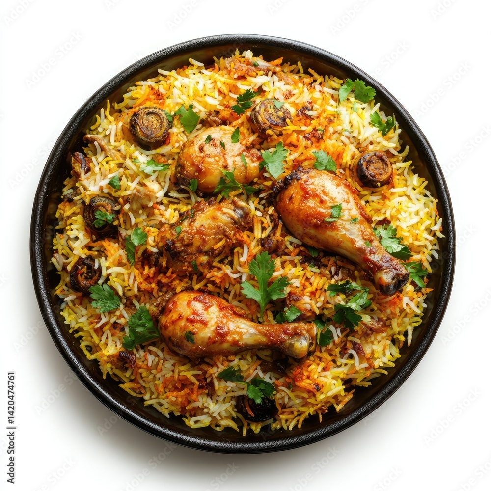 Overhead view of chicken biryani with garnish in a black serving bowl Overhead view of chicken biryani with garnish in a black serving bowl