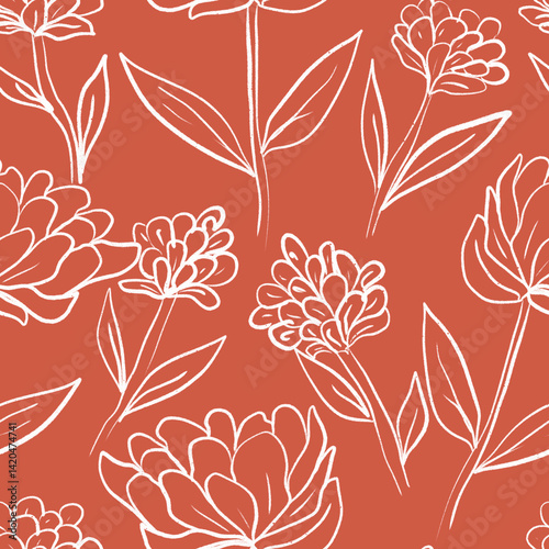 Seamless floral pattern featuring hand-drawn line art flowers and leaves on a bold  background. This elegant botanical design combines sketchy outlines and minimalist shapes, perfect for textile 