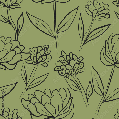 Seamless floral pattern featuring hand-drawn line art flowers and leaves on a bold  background. This elegant botanical design combines sketchy outlines and minimalist shapes, perfect for textile 