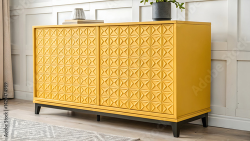 Stylish yellow cabinet with geometric pattern, perfect for modern interiors, adding pop of color and texture to any room