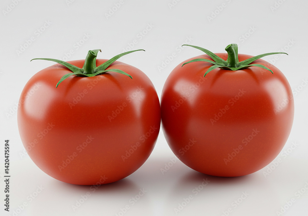 Two ripe red tomatoes with green stems placed on a white background. Fresh vegetables commonly used in salads, sauces, and cooking, captured in clean lighting for food-themed visuals. Two ripe red tomatoes with green stems placed on a white background. Fresh vegetables commonly used in salads, sauces, and cooking, captured in clean lighting for food-themed visuals.