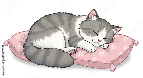 A relaxing cartoon clipart of a fluffy cat napping peacefully on a soft pillow.
