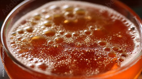 close up view of fizzy beverage showcasing vibrant bubbles and rich amber color, creating inviting and refreshing appearance. effervescence adds lively touch to drink