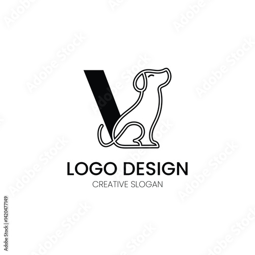 minimalist letter V logo design with dog