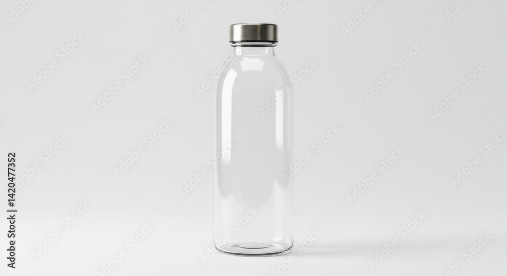 Glass water bottle with metallic lid, isolated on white, ideal for eco-friendly product mockup Glass water bottle with metallic lid, isolated on white, ideal for eco-friendly product mockup