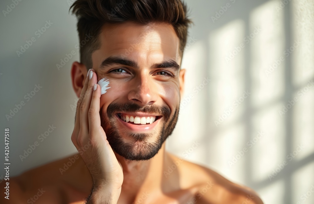 Happy man applies facial cream on face. Attractive brunet guy with beard and modern haircut. Male cosmetic beauty concept. Skincare treatment, face care, facial hygiene. Healthy lifestyle.