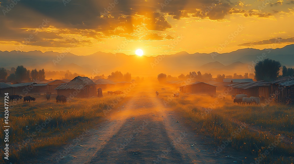 Obraz premium Scenic Village At Sunset With Grazing Animals And Golden Light Photo