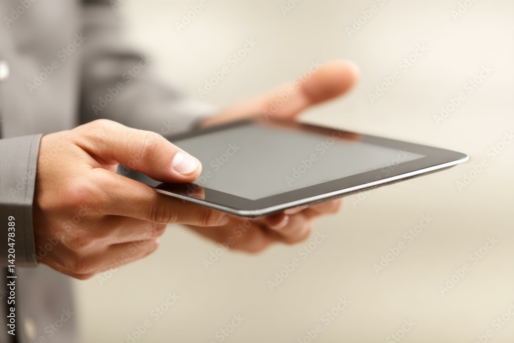 Person in gray jacket holding tablet, showcasing device with blank screen for business and technology contexts Person in gray jacket holding tablet, showcasing device with blank screen for business and technology contexts