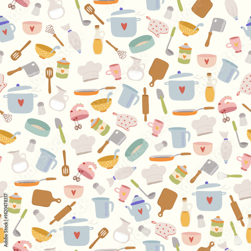 Cute hand drawn vector pattern of kitchen elements in doodle style.  Colourful cooking accessories and equipments background. Backdrop for textile and paper