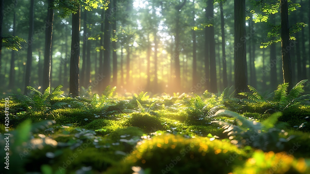 Fototapeta premium Serene Forest Floor Photo With Ferns And Moss Illuminated By Sunlight