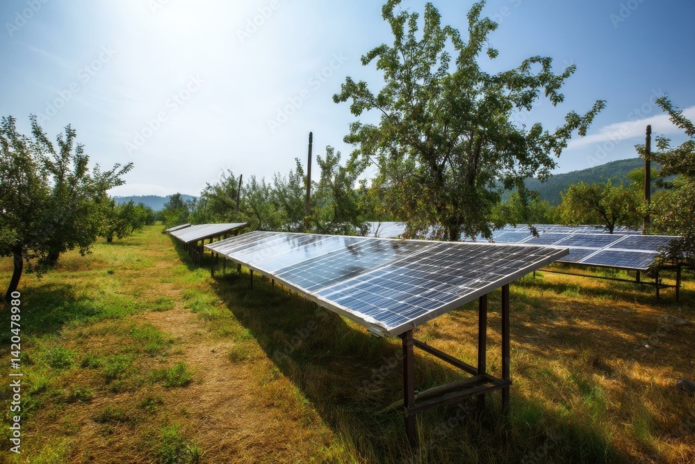 Rows of Solar Panels Installed in a Rural Orchard on a Sunny Day for Renewable Energy Production Rows of Solar Panels Installed in a Rural Orchard on a Sunny Day for Renewable Energy Production