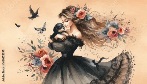 girl with a long hair and her puppy 