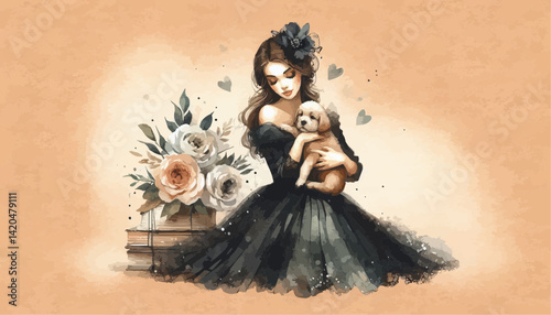girl in a dress with a puppy by a flower 