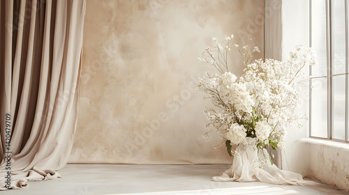 serene interior scene featuring beautiful arrangement of white flowers beside large window, complemented by soft beige curtains and neutral backdrop, creating calm and inviting atmosphere