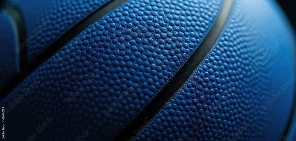 Close-up blue basketball texture background. Team sport concept, athletic equipment. Spherical ball surface with black stripes. Sports background product display, banner, mockup. Basketball game,