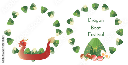 Collection of decorative frames for Dragon Boat Festival with zongzi, rice, Dragon Boat, pork, eggs, shiitak mushrooms. Vector illustration for Duanwu Festival in China
