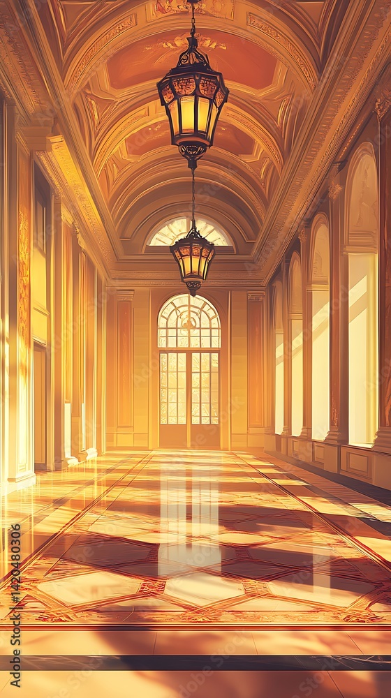 Obraz premium Golden palace hallway, sunlit grandeur
