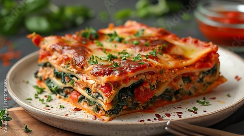 Vegan lasagna spinach cashew cheese and tomato sauce plated as a clean slice on white ceramic