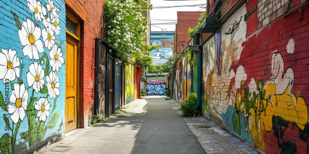 Fototapeta premium Colorful floral graffiti art adorns brick wall. Plants, flowers in vibrant hues decorate urban landscape. Mural design modern, creative. Weathered building houses artful street scene. Offers unique