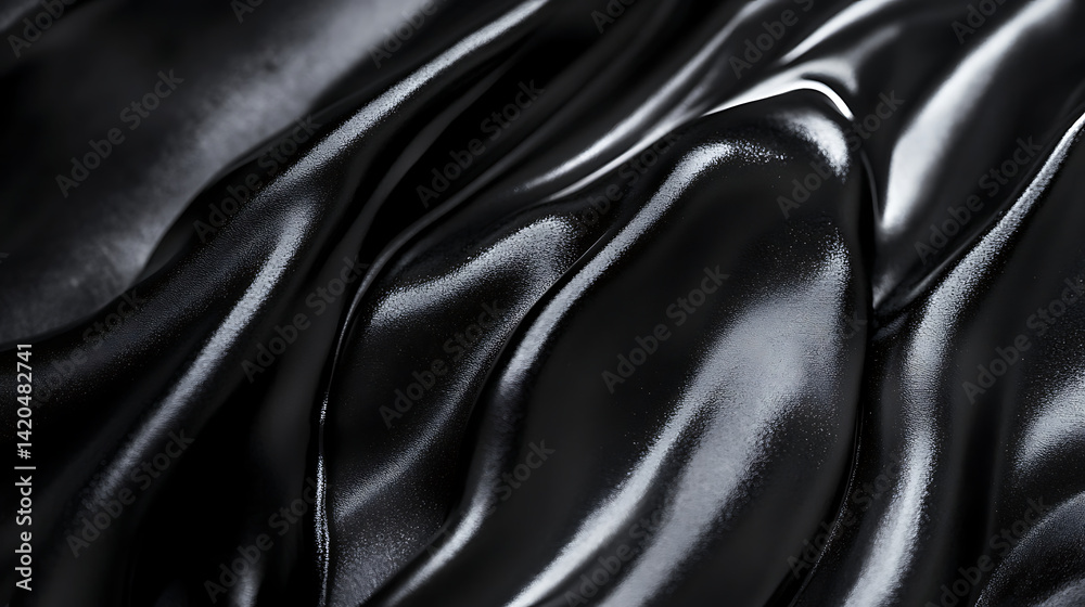 Fototapeta premium close up view of smooth, flowing black fabric with high gloss finish, creating dramatic and elegant appearance. texture showcases waves and folds, enhancing visual depth