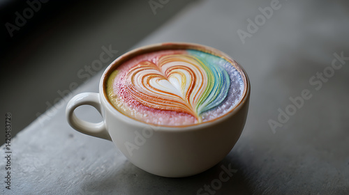 beautifully crafted latte art in white cup showcases vibrant rainbow heart design, evoking feelings of joy and creativity. intricate patterns and colors create delightful visual experience