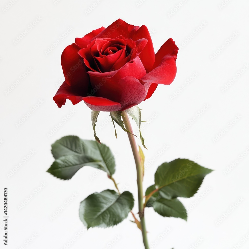 A single red rose with green leaves against a plain white background view