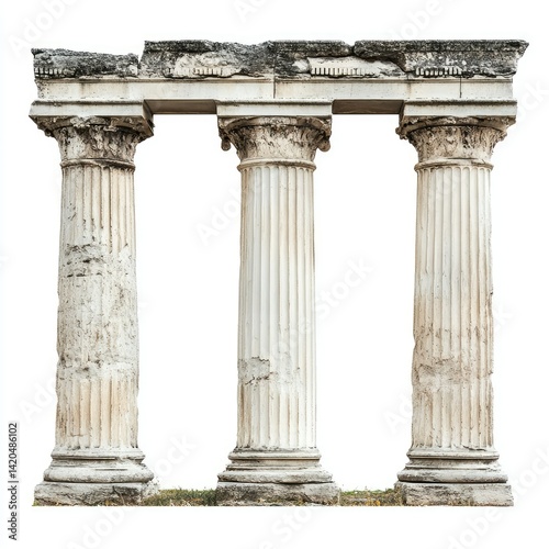 Three ancient stone columns with a weathered entablature on white ground