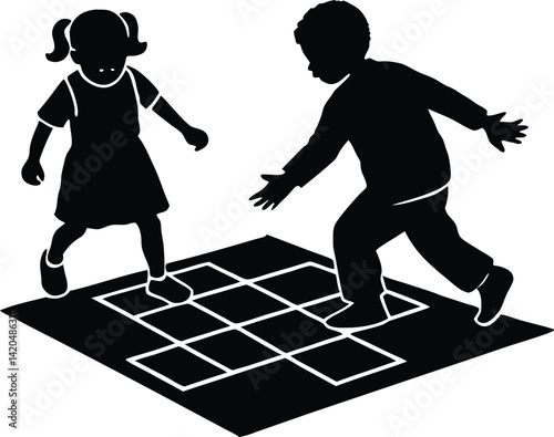 Silhouette of Kids playing hopscotch, children playing hopscotch