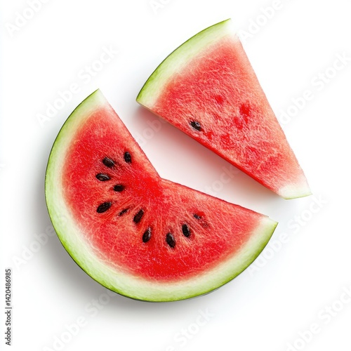Two watermelon slices with seeds on a plain white surface top view shot