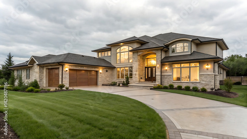 Houses in suburb at Summer in the north America. Luxury houses with nice landscape.