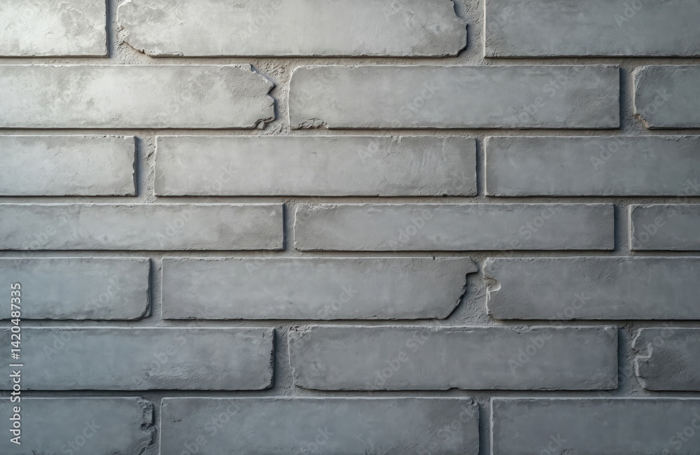 Fototapeta premium Horizontal close-up of grey cement block wall texture background. Rough textured brickwork design, solid construction. Modern architectural structure, weathered surface. Elegant empty interior with