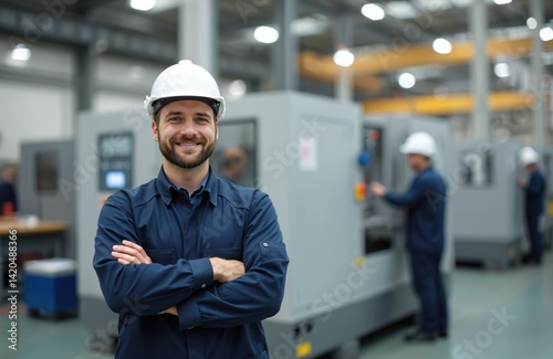 Obraz na płótnie Smiling male engineer with arms crossed in factory. Confident worker in uniform, hard hat stands near CNC machine in workshop. Industrial occupation requires engineering, safety, teamwork, technical w salonie