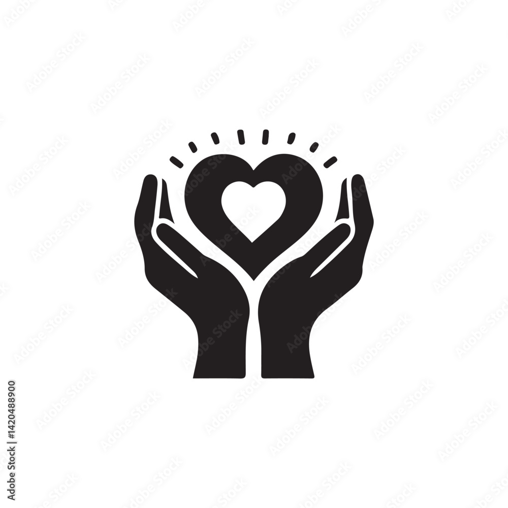 Hands Holding a Heart Symbolising Love and Care.A simple, black and white graphic of two hands holding a heart. Hands Holding a Heart Symbolising Love and Care.A simple, black and white graphic of two hands holding a heart.