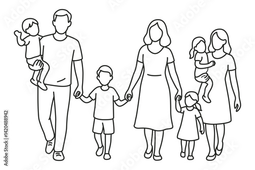 Happy Family Walking Together Line Art – Simple Outline Illustration of Parents and Children Holding Hands