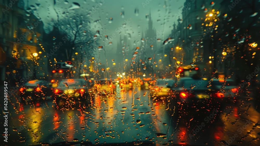 Obraz premium Rain droplets on car window with blurred street lights
