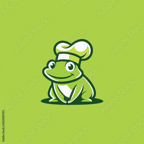 Frog Chef Logo. A funny character of a frog chef is suitable for a cafe, restaurant, producer of healthy food.