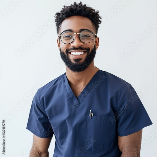 A smiling man in blue scrubs with glasses against a white background