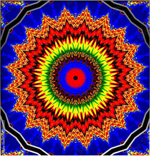 A vibrant, symmetrical mandala design radiates outward with intense, zigzagging layers of blue, red, yellow, and green. The intricate pattern creates a dynamic, eye-catching effect,  (Gen, A.I.)