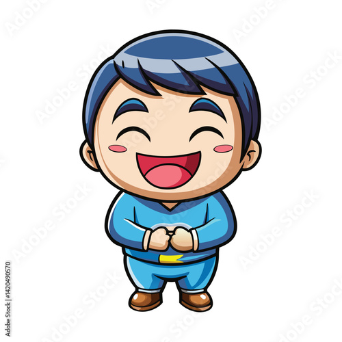 Joyful cartoon boy in blue outfit