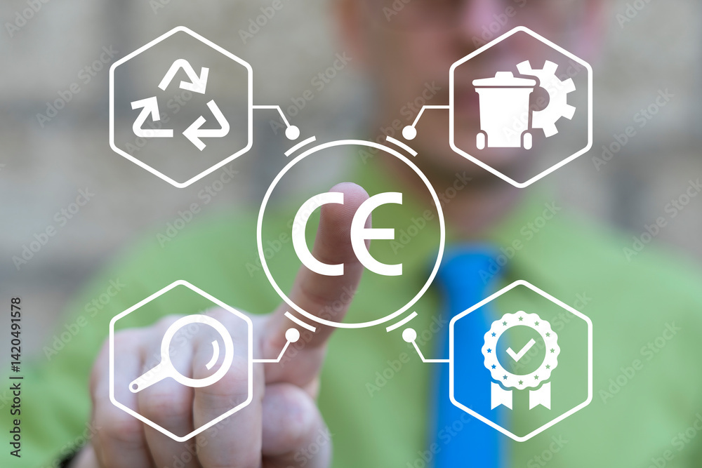 CE or Conformity European Certification Label Business Industry Standards Compliance Concept. Business person using virtual touch screen push text: CE. C E Europe Certificate Quality Guarantee Mark.