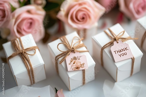Small white favor boxes with simple twine bows and pink thank you tags sit against a backdrop of delicate blush roses for a rustic-chic celebration.