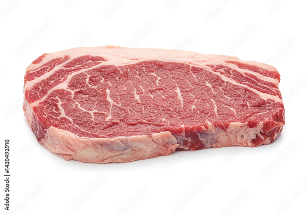 Raw beef steak with marbled fat placed on a clean white background. Uncooked meat slab, fresh and red, ideal for grilling, cooking, or culinary content in food blogs, ads, and recipes. Raw beef steak with marbled fat placed on a clean white background. Uncooked meat slab, fresh and red, ideal for grilling, cooking, or culinary content in food blogs, ads, and recipes.