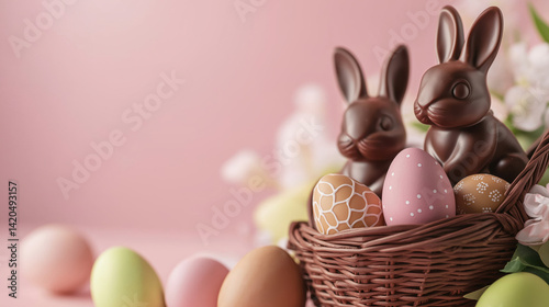 Festive Easter composition featuring two chocolate bunnies in a wicker basket with colorful speckled eggs and straw against a soft pink background.