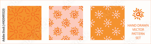 Vibrant fall cloud sunshine seamless nursery pattern set. Naive illustration of summer sky in hand drawn playful style for childrens nursery backdrops, wallpaper. 