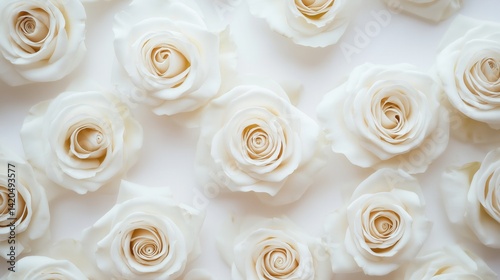 Top view of elegant white roses arranged on a clean background. Minimalist floral composition symbolizing love, purity, and timeless beauty.