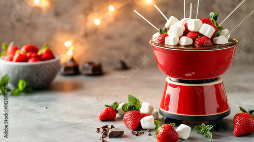 vibrant chocolate fondue set featuring fresh strawberries and marshmallows, perfect for delightful dessert experience. warm ambiance is enhanced by soft lighting and mint leaves
