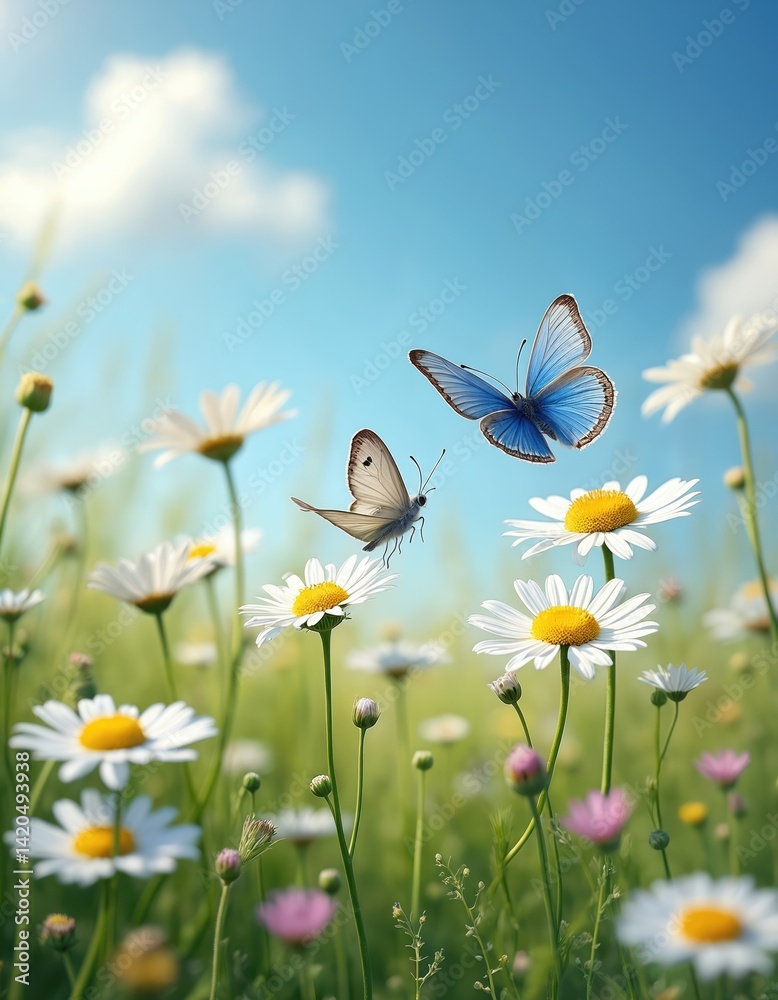 White daisies with yellow center, blooming in green field meadow against blue sky. Two butterflies fluttering among chamomile flowers. Nature spring summer landscape macro photo.