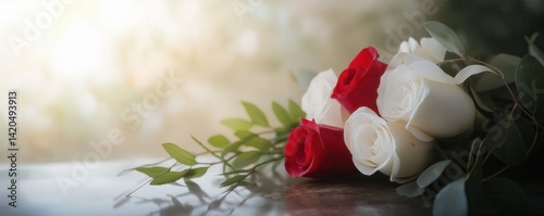 Beautiful white flowers, roses, over marble background. Bouquet of flowers at cemetery , funeral concept.