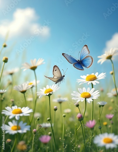 Obraz na płótnie White daisies with yellow center, blooming in green field meadow against blue sky. Two butterflies fluttering among chamomile flowers. Nature spring summer landscape macro photo. w salonie