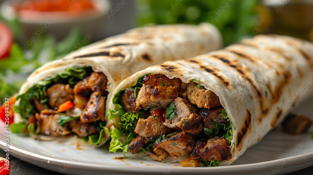 Vegan shawarma wrap seitan strips lettuce and garlic sauce tightly rolled and centered on white plate Vegan shawarma wrap seitan strips lettuce and garlic sauce tightly rolled and centered on white plate
